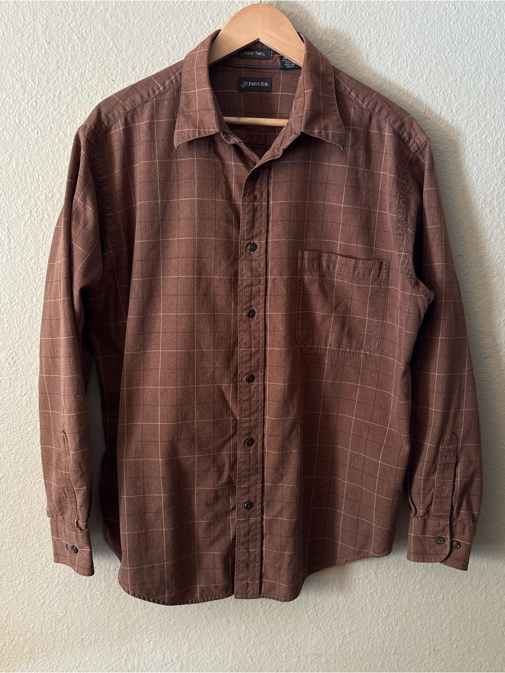 St. John's Bay Men's Large Brown Jaspe Twill Check Shirt 100% Cotton